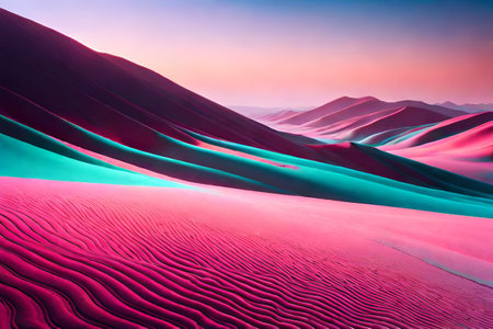 irridescent  pink and blue surreal Sand dunes in the desert at sunset. abstract wavy landscape background ,infrared photography ai render illustrationの素材