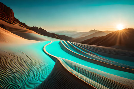 irridescent orange and blue surreal Sand dunes in the desert at sunset. abstract landscape background ,infrared photography ai render illustrationの素材
