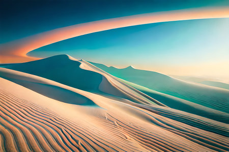 irridescent orange and blue surreal Sand dunes in the desert at sunset. abstract landscape background ,infrared photography ai render illustrationの素材