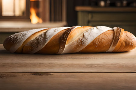 Bread on a wooden table with a fireplace in the background.の素材