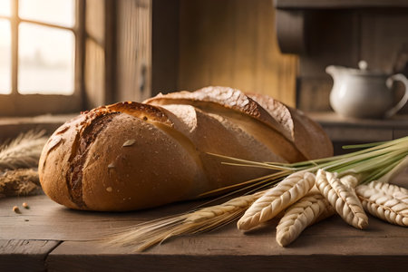 Bread and wheat ears on a wooden table. Rustic style.の素材