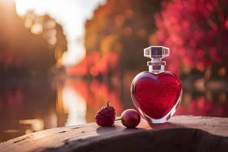 heart shaped perfume bottle , red crystal flacon , fragrande , romantic and love perfume conceptの素材