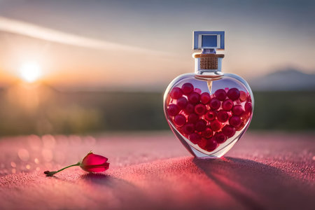 heart shaped perfume bottle , red crystal flacon , fragrande , romantic and love perfume conceptの素材