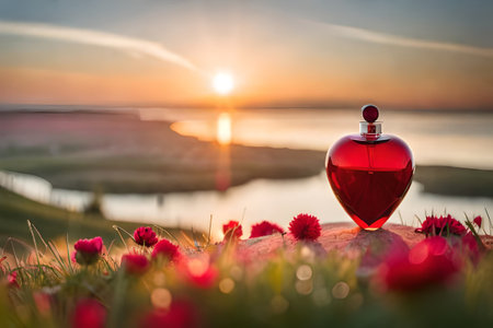 heart shaped perfume bottle , red crystal flacon , fragrande , romantic and love perfume conceptの素材