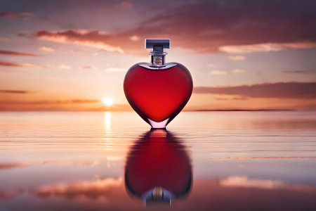 heart shaped Bottle of perfume in the shape of a heart on a sunset backgroundの素材