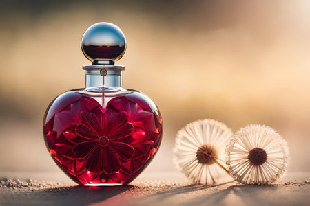 heart shaped perfume bottle , red crystal flacon , fragrande , romantic and love perfume conceptの素材