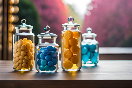 transparent jars full of colorful sweets and candiesの素材