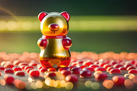 glass jars full of colorful candies and sweets , bokeh background , bright and reflective surfacesの素材