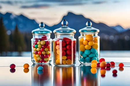 transparent jars full of colorful sweets and candiesの素材