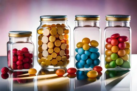 glass jars full of colorful candies and sweets , bokeh background , bright and reflective surfacesの素材