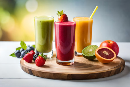 colorful fruits smoothie , healthy beverage drink glass ,delicious exotic fruits , refreshing fresh, fruit juice, healthy ,summer, organic drinkの素材