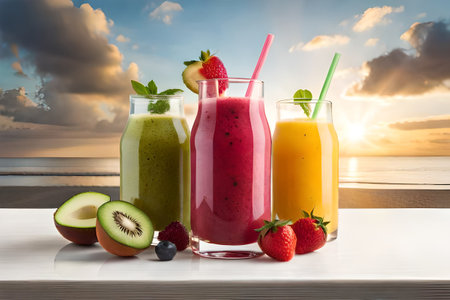 colorful fruits smoothie , healthy beverage drink glass ,delicious exotic fruits , refreshing fresh, fruit juice, healthy ,summer, organic drinkの素材