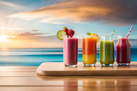colorful fruits smoothie , healthy beverage drink glass ,delicious exotic fruits , refreshing fresh, fruit juice, healthy ,summer, organic drinkの素材
