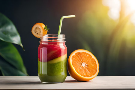 colorful fruits smoothie , healthy beverage drink glass ,delicious exotic fruits , refreshing fresh, fruit juice, healthy ,summer, organic drinkの素材