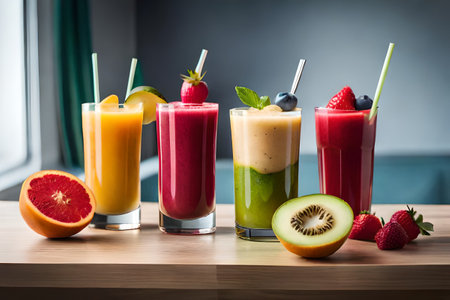 colorful fruits smoothie , healthy beverage drink glass ,delicious exotic fruits , refreshing fresh, fruit juice, healthy ,summer, organic drinkの素材