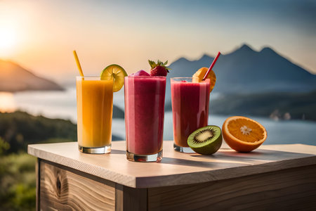 colorful fruits smoothie , healthy beverage drink glass ,delicious exotic fruits , refreshing fresh, fruit juice, healthy ,summer, organic drinkの素材