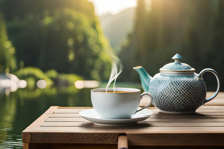 healthy tea cup in a natural asian landscape, herbal infusion, tea branding and advertisingの素材