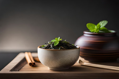 healthy tea cup in a natural asian landscape, herbal infusion, tea branding and advertisingの素材