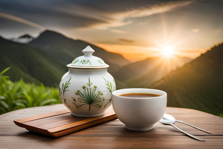healthy tea cup in a natural asian landscape, herbal infusion, tea branding and advertisingの素材