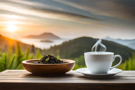 healthy tea cup in a natural asian landscape, herbal infusion, tea branding and advertisingの素材