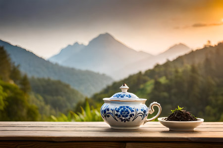 healthy tea cup in a natural asian landscape, herbal infusion, tea branding and advertisingの素材
