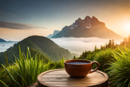 healthy tea cup in a natural asian landscape, herbal infusion, tea branding and advertisingの素材