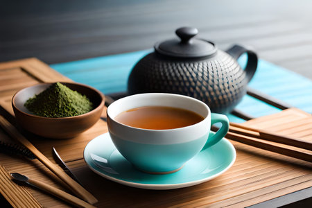 healthy tea cup in a natural asian landscape, herbal infusion, tea branding and advertisingの素材