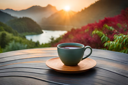 healthy tea cup in a natural asian landscape, herbal infusion, tea branding and advertisingの素材