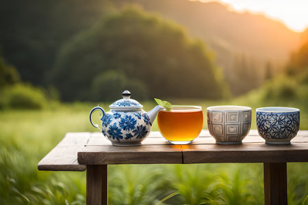 healthy tea cup in a natural asian landscape, herbal infusion, tea branding and advertisingの素材