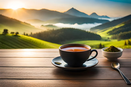 healthy tea cup in a natural asian landscape, herbal infusion, tea branding and advertisingの素材