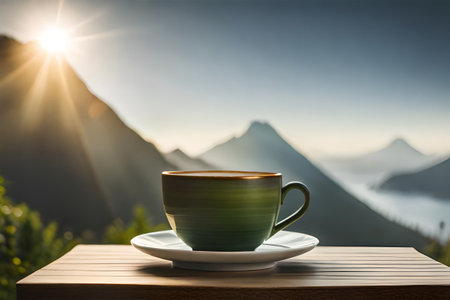 healthy tea cup in a natural asian landscape, herbal infusion, tea branding and advertisingの素材