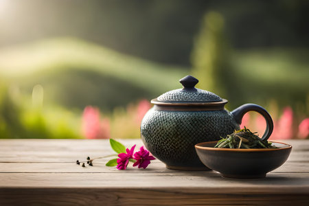 healthy tea cup in a natural asian landscape, herbal infusion, tea branding and advertisingの素材
