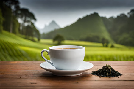 healthy tea cup in a natural asian landscape, herbal infusion, tea branding and advertisingの素材