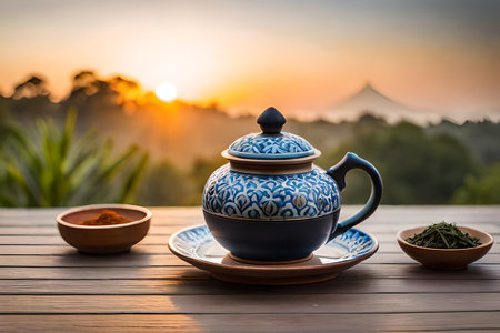 healthy tea cup in a natural asian landscape, herbal infusion, tea branding and advertisingの素材