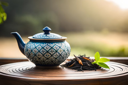 healthy tea cup in a natural asian landscape, herbal infusion, tea branding and advertisingの素材