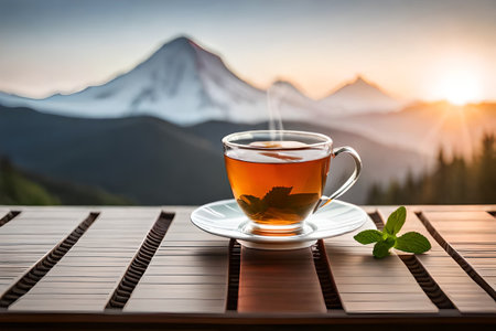 healthy tea cup in a natural asian landscape, herbal infusion, tea branding and advertisingの素材