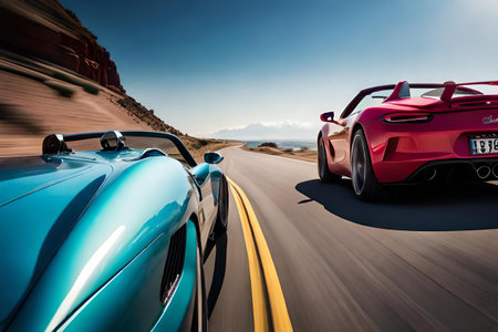 Red and blue vintage sports car on the road in Utah, USAの素材