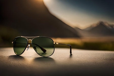 Sunglasses with brown glass and reflection of mountains at sunset.の素材