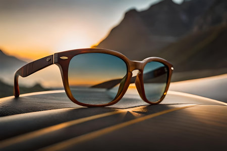 Sunglasses on top of a car with mountains in the backgroundの素材