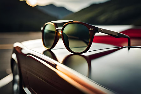 Sunglasses on the roof of a car. Selective focus.の素材