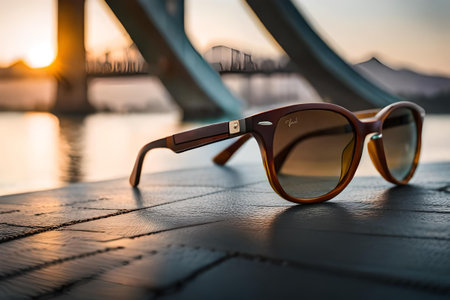 Sunglasses with brown glass on the bridge in the evening.の素材