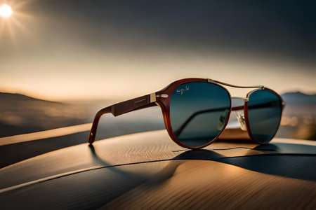 Sunglasses on the roof of a car with sunset in the backgroundの素材