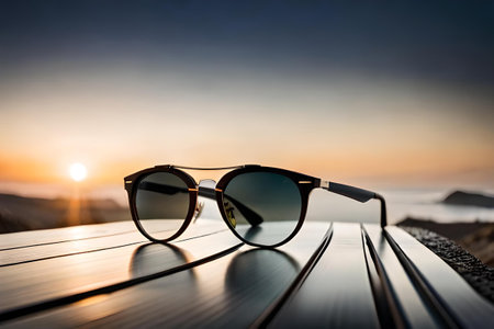 Sunglasses on the wooden table with sea view background at sunsetの素材