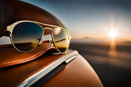 Sunglasses on the car dashboard with sunset and mountains background.の素材