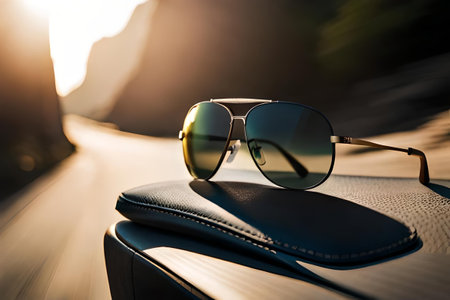 Sunglasses on the car seat with sunset in the background.の素材