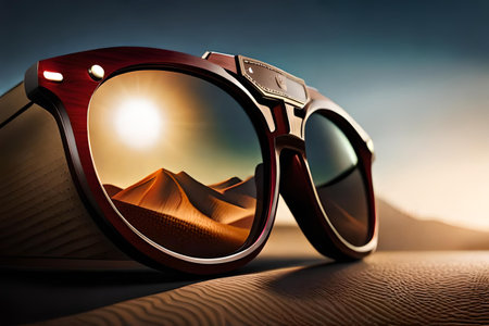 Sunglasses with mountains on the background. 3d rendering.の素材