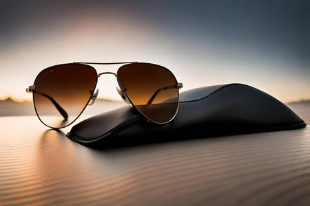 Sunglasses in a black leather case on a wooden table at sunsetの素材
