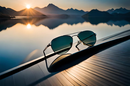 Sunglasses on the edge of a swimming pool at sunset.の素材