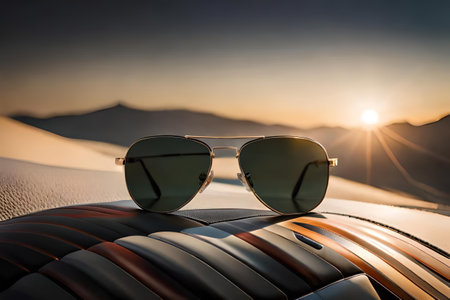 Sunglasses on the background of the dunes at sunset.の素材