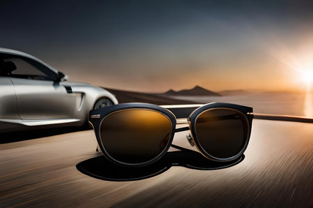 Sunglasses and car on the road. 3d rendering.の素材